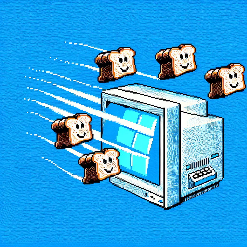 A nostalgic Windows screensaver featuring the iconic flying toasters against a classic blue background, reminiscent of early computer era graphics and humor.